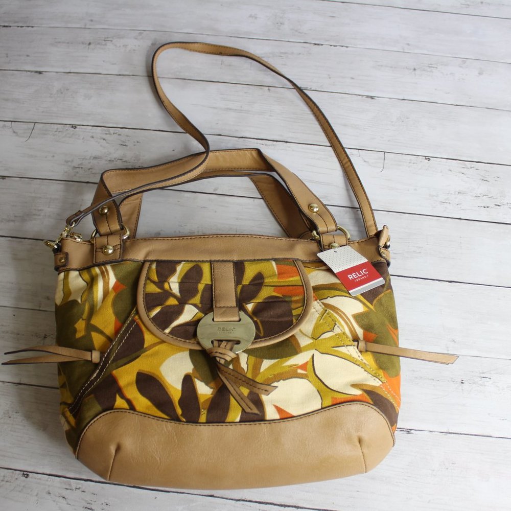 Relic Shoulder Bag Handbag Purse Tan Brown Green Orange Floral Crossbody - Picture 3 of 7